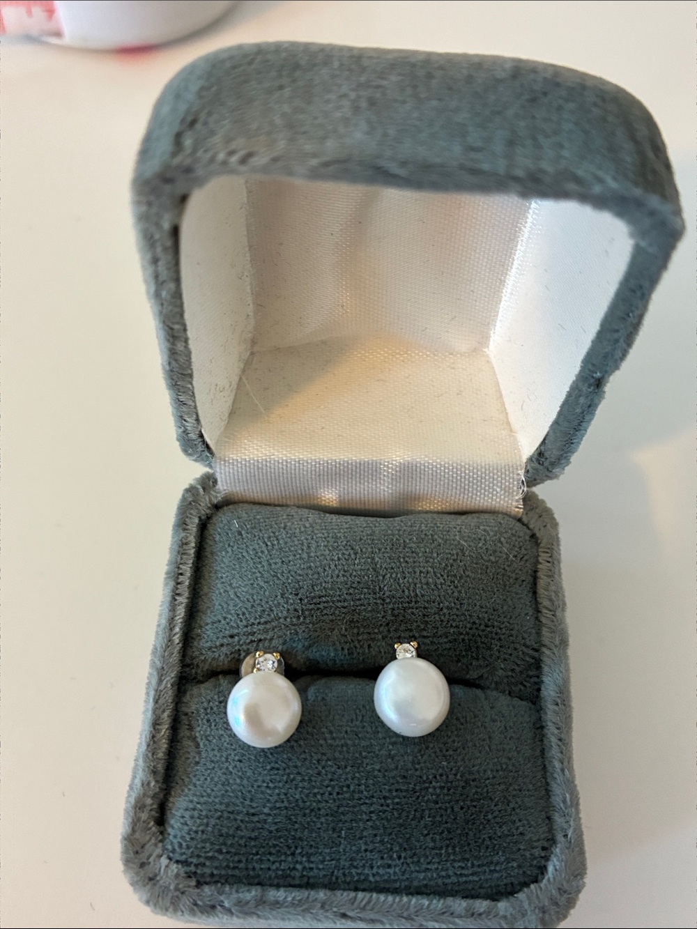 Real Pearl Stud Earrings with Crystal Accent - White